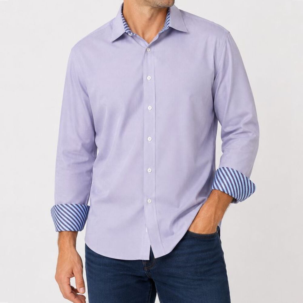 Quieti Purple Dress Shirt Mens 100% Cotton Button Front Contrast Trim Large
